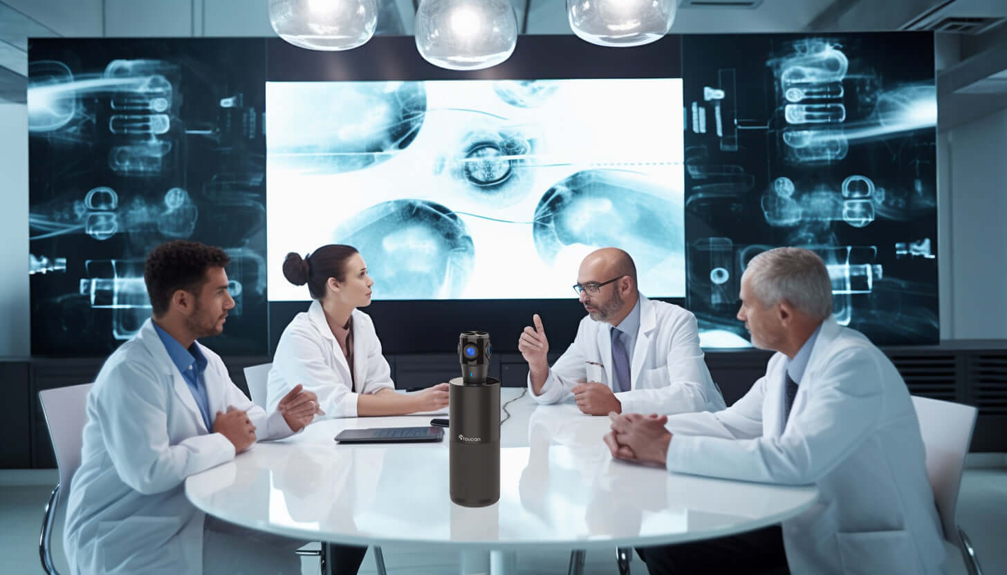 Advancing Hospitals with 360 Conference Cameras | 4 doctors having a meeting with the Toucan Video Conference System 360 on the table