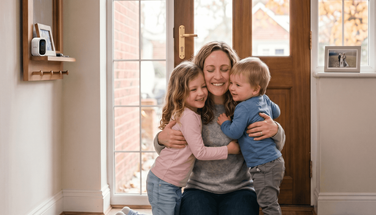 blonde mom with two toddlers hugging by the front door the toucan s4 is on the shelf