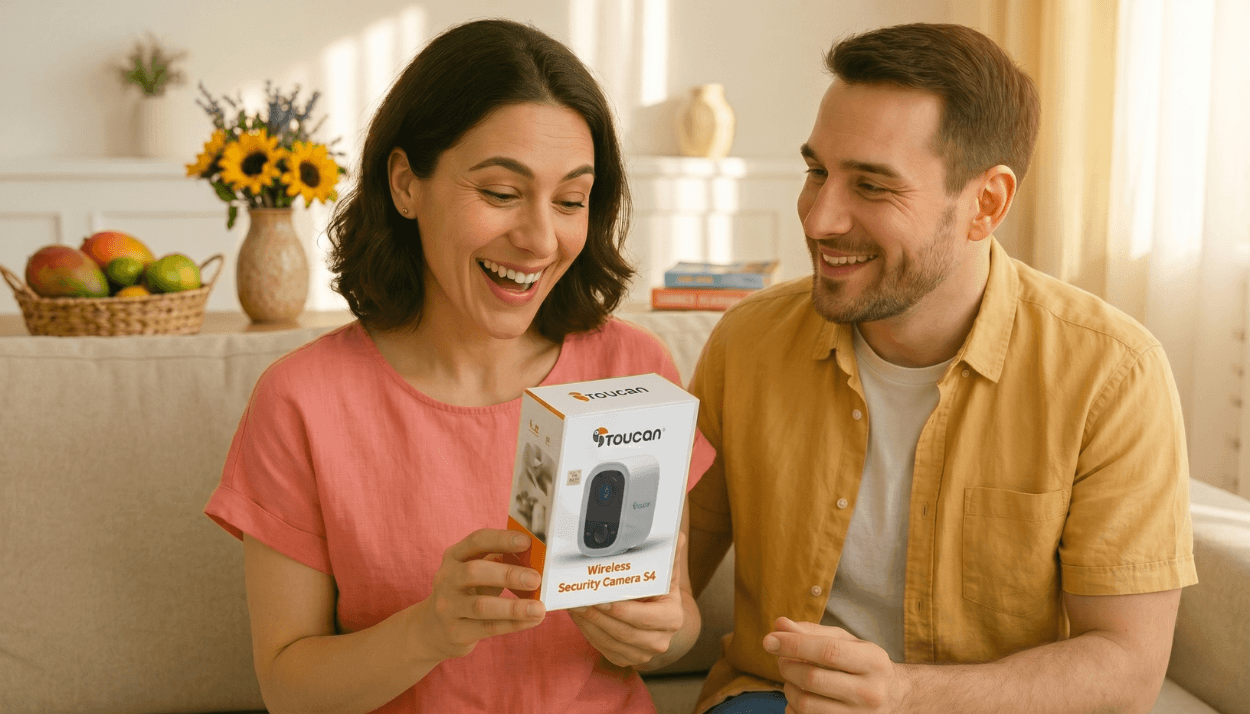 happy wife because husband gave her the Toucan S4 both of them on the couch one summer day