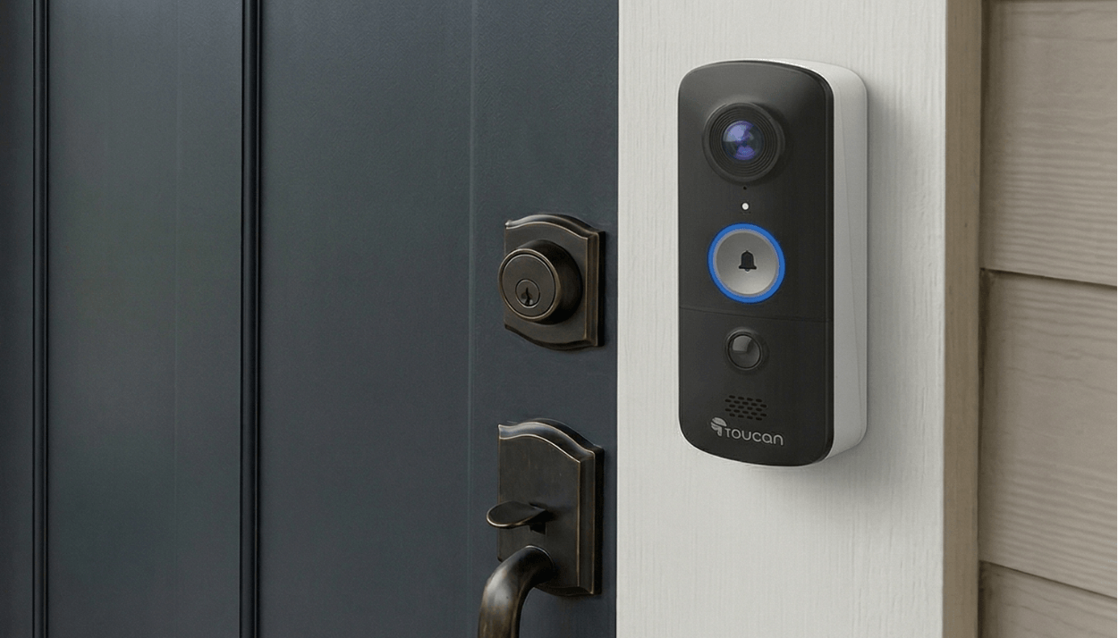 The Toucan V3D Doorbell by the front door of a home with a gray front door