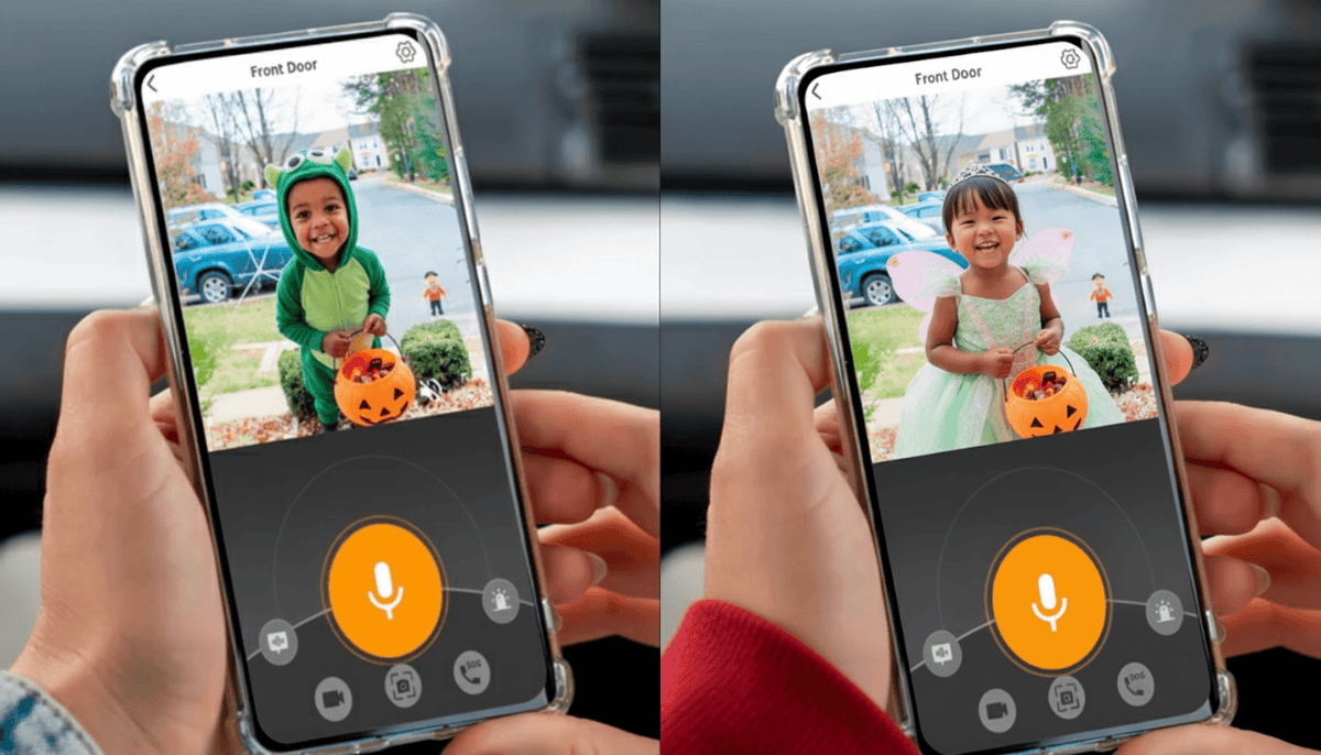 Smartphone doorbell views showing children in Halloween costumes