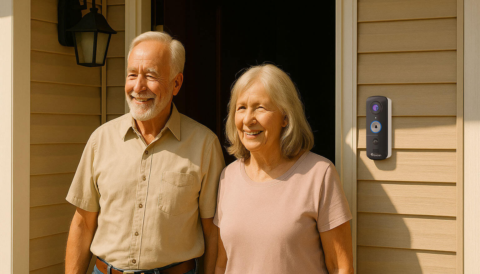 Smart Doorbell Safety Tips for Seniors This Summer | smiling senior couple exiting the front door on a sunny summer afternoon with the Toucan wireless video doorbell v3 installed by the front door