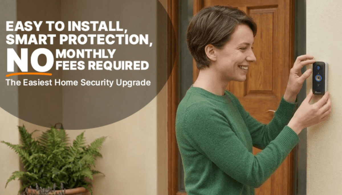 Woman holding a Toucan rechargeable video doorbell while planning its position at a front entrance