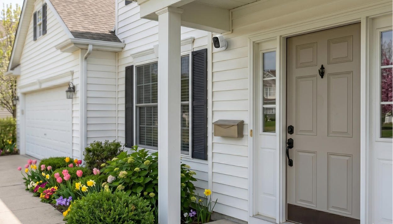 a white house's front door with the Toucan s4 installed between the door and window