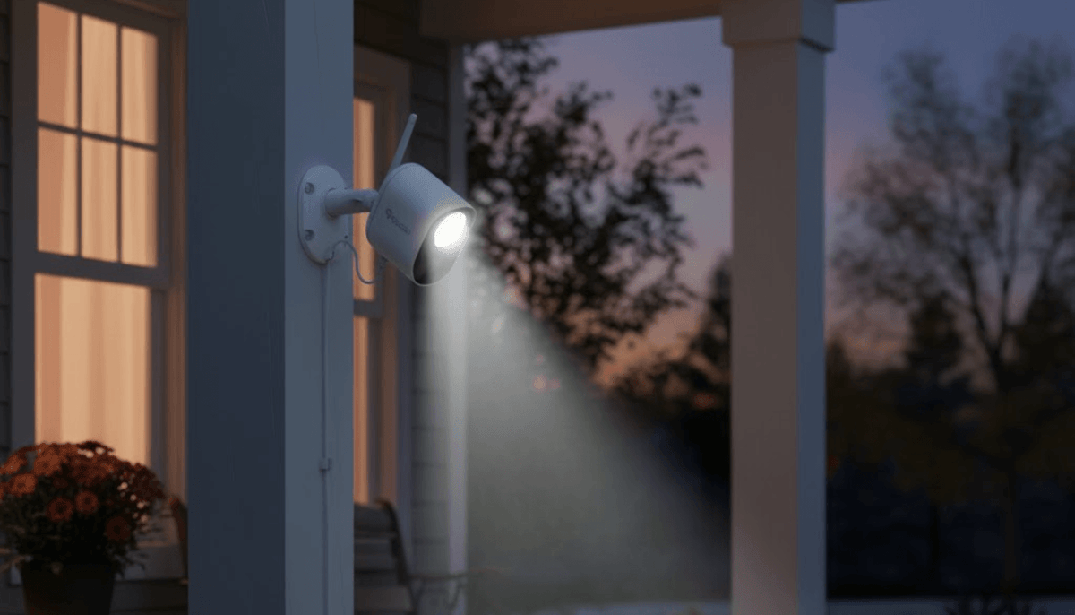 Toucan security camera beside a home entrance in a winter security guide