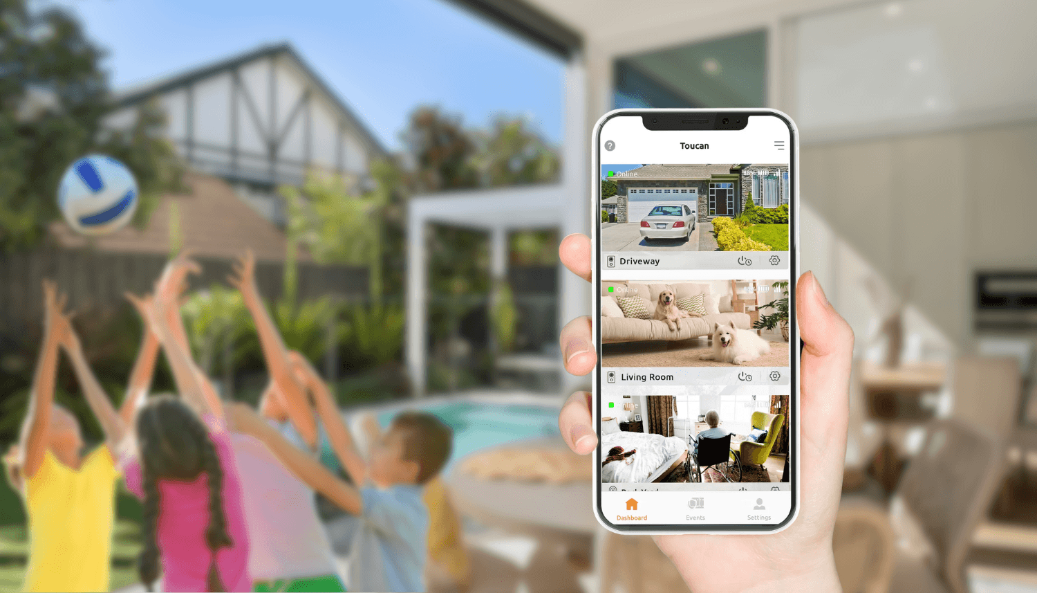 Smart Home Cameras-hand holding up smartphone camera showing real time feed of the toucan solutions s4 with a background of a yard with swimming pool and kids playing ball