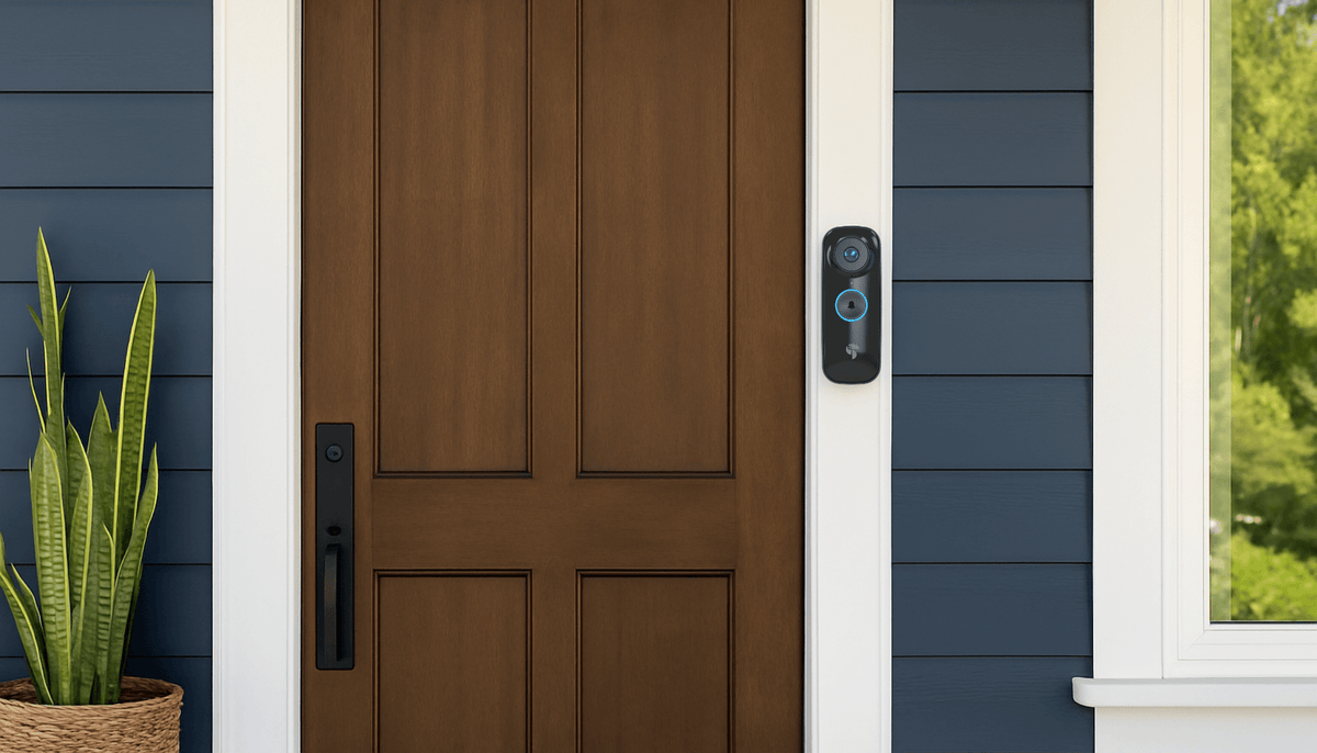 Brown front door of a blue house with a Toucan V3 video doorbell