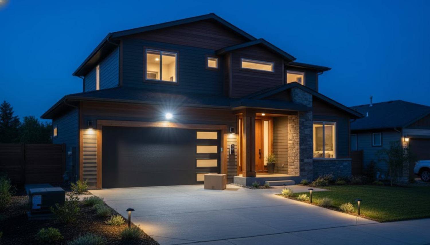 home at night with a floodlight camera installed above the garage door