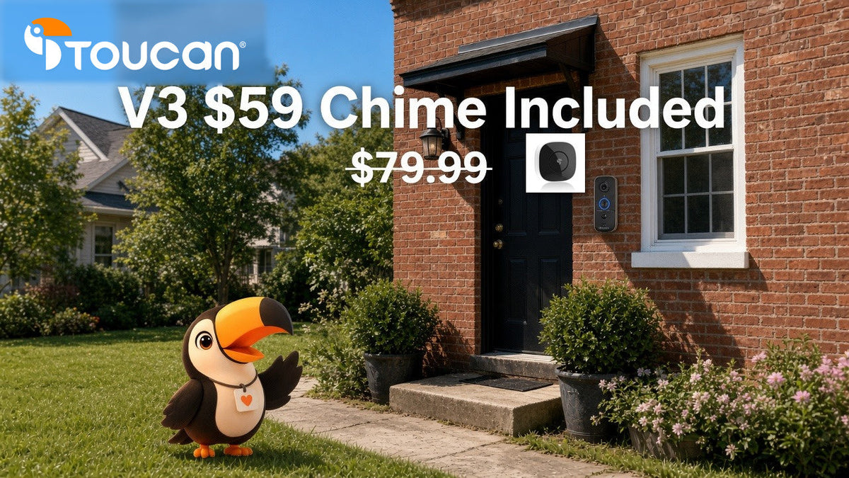 Toucan V3 wireless video doorbell with chime included for $59 — mascot and doorbell on a home entry, no required monthly fee for basics.