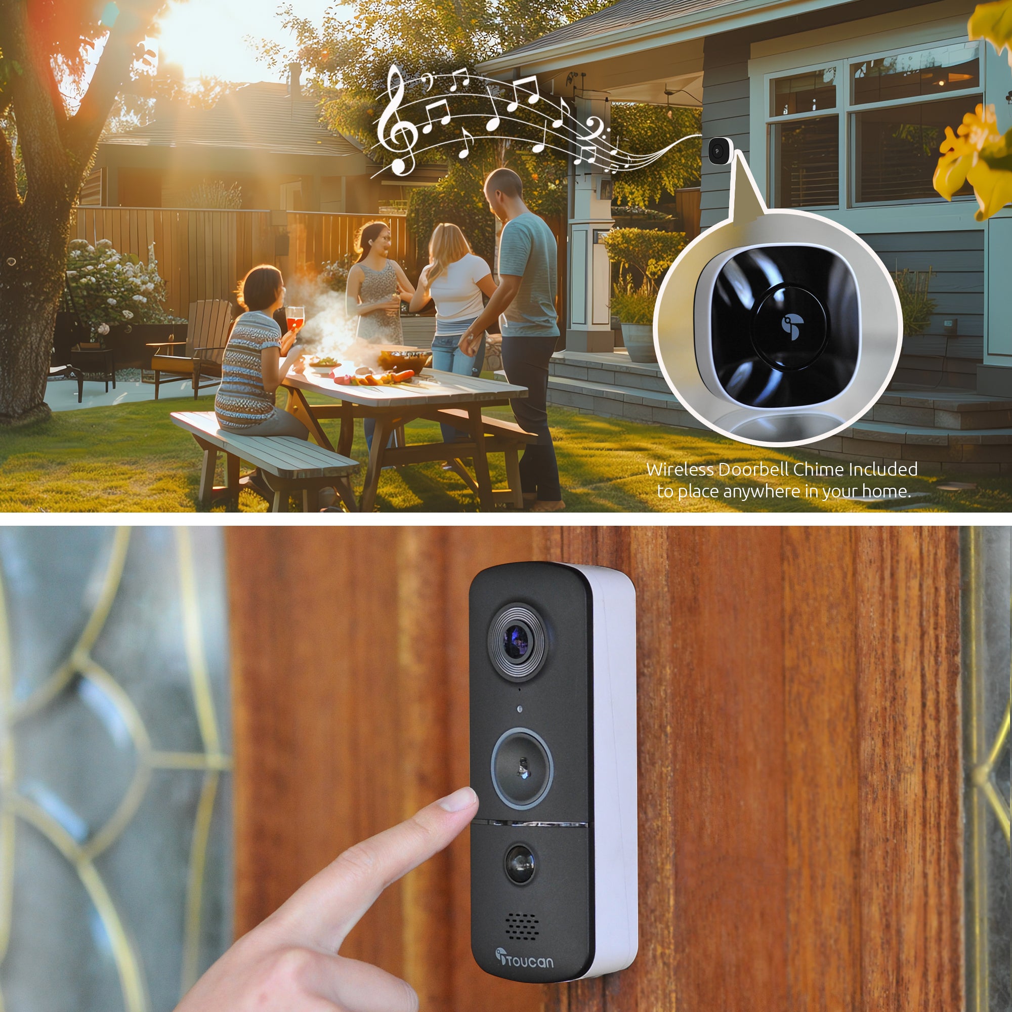 Toucan Wireless Video Doorbell V3 – 1080p HD, Battery-Powered, Includes Chime, No Hub