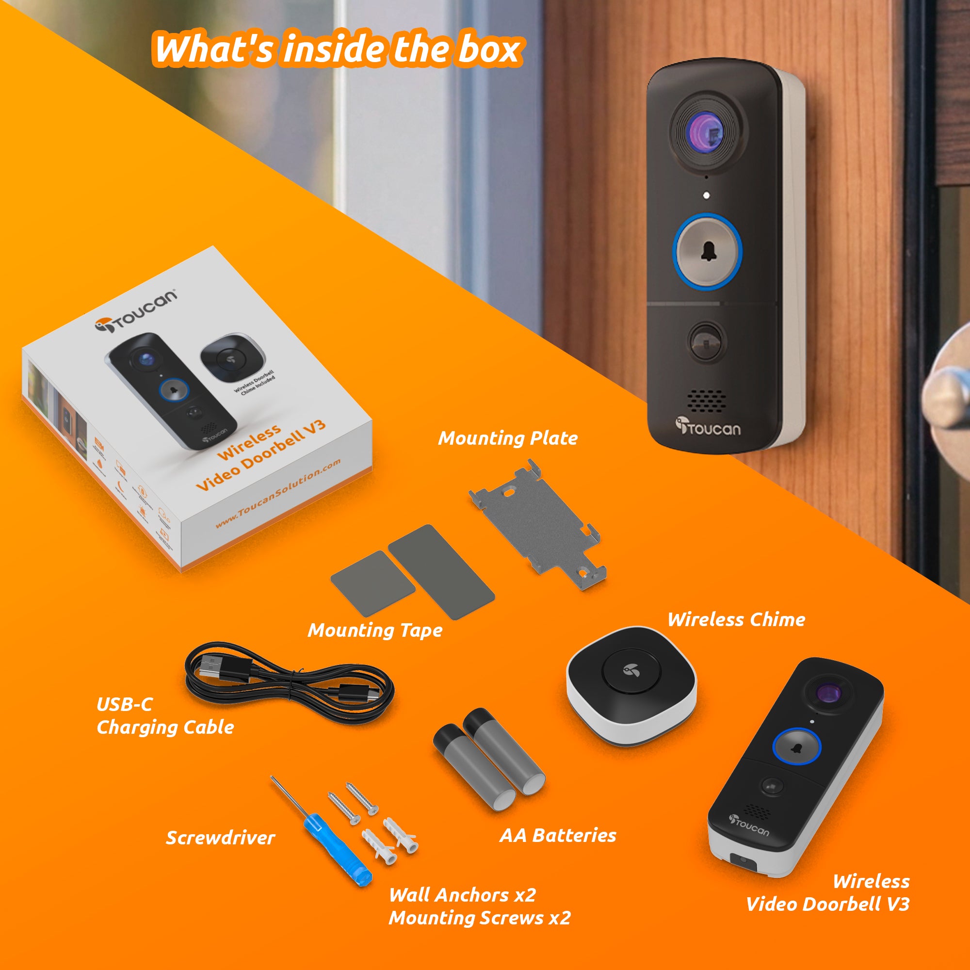 Toucan Wireless Video Doorbell V3 – 1080p HD, Battery-Powered, Includes Chime, No Hub