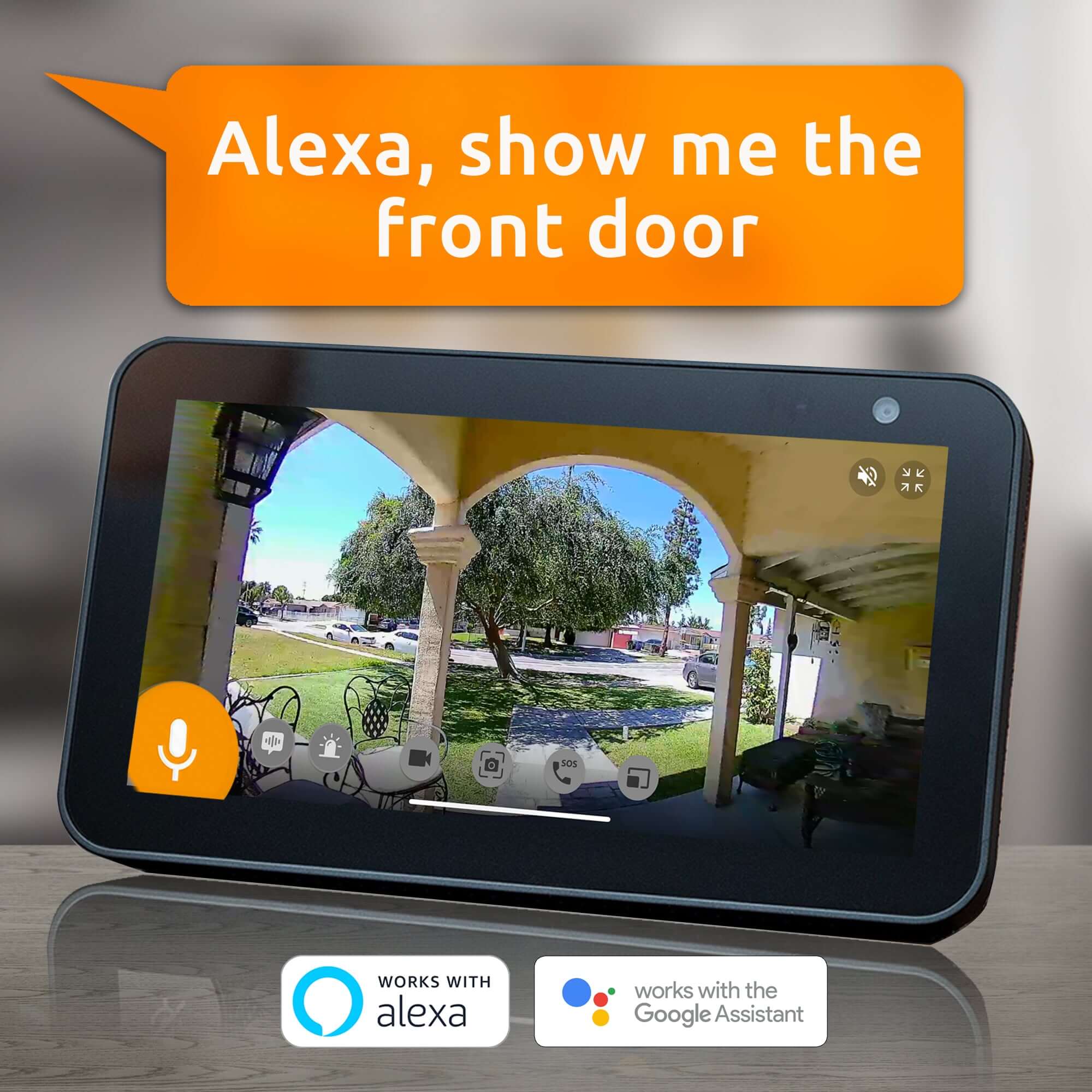 Home Security Systems |Toucan Starter Home Protection Kit – Camera & Video Doorbell-Home Protection Kit: Smart device displaying a view of a front yard with a speech bubble saying 'Alexa, show me the front door'. | Toucan Solution Smart Home Security