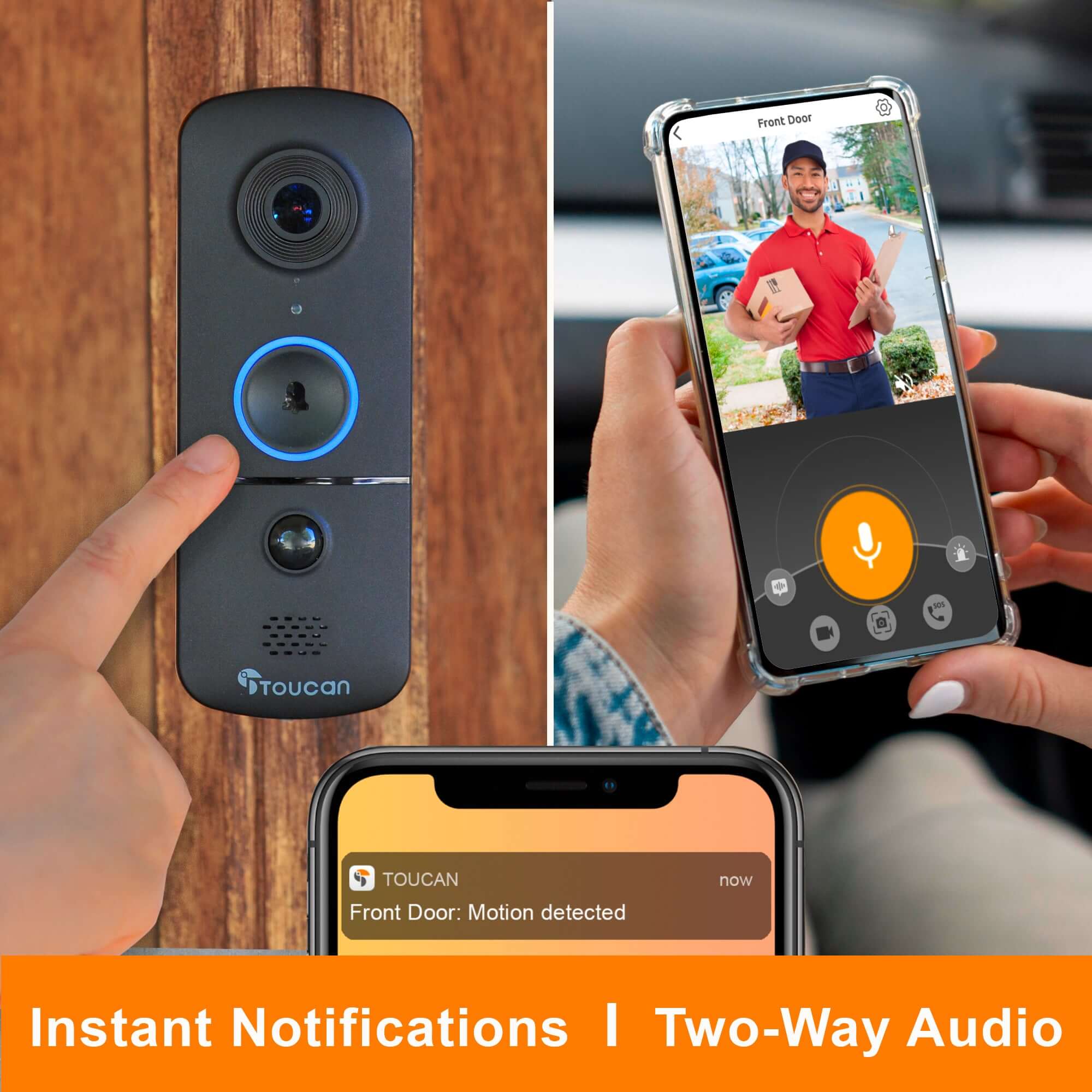 Toucan Complete Home Protection Kit video security camera doorbell and Toucan Smart Home security smartphone app interface with 'Toucan' branding, showing instant notifications and two-way audio features. | Toucan Solution Smart Home Security