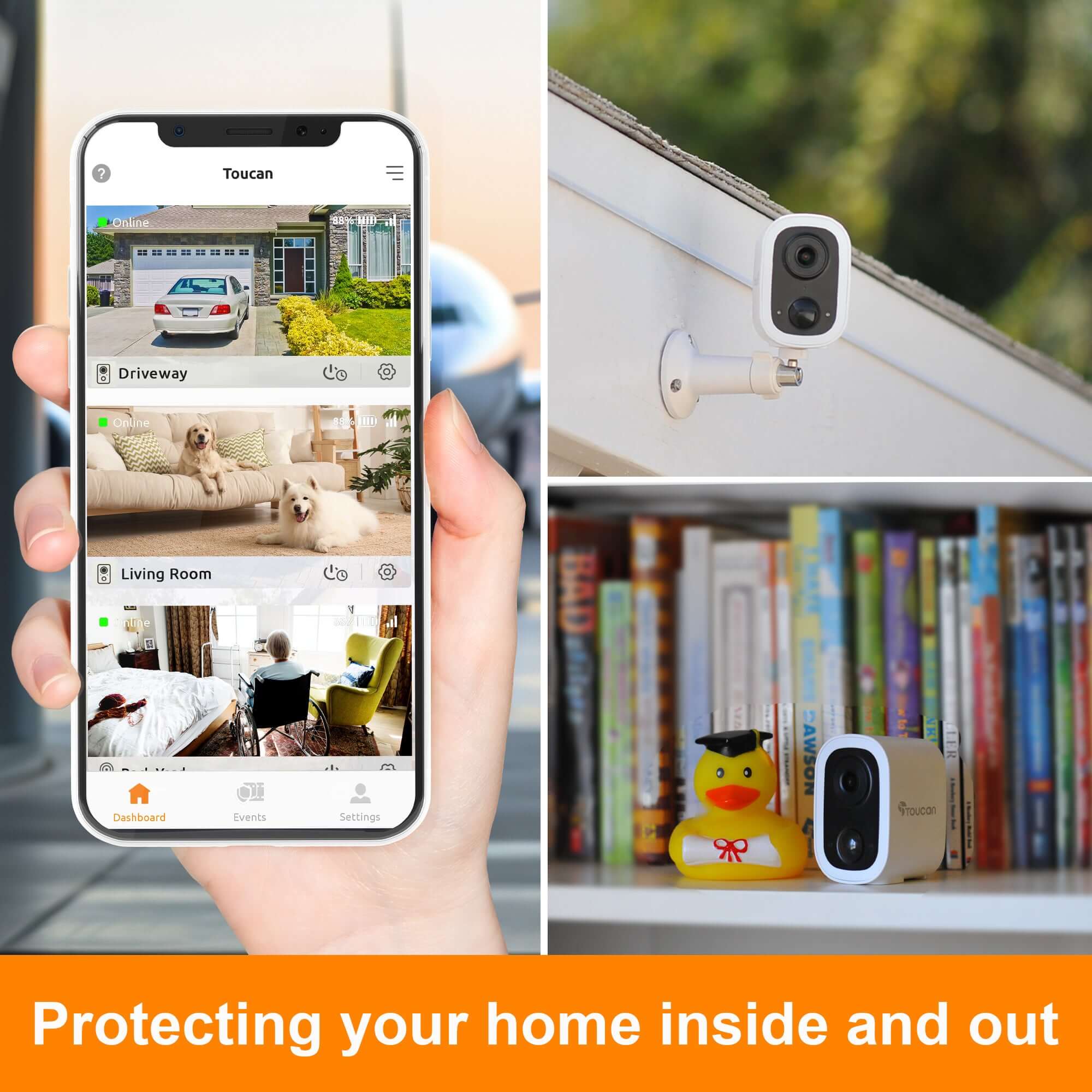 Home Security Systems |Toucan Essential Home Protection Kit – Doorbell + 2 Cameras| Security Home Protection Kit - pet owner checking security camera indoor and outdoor