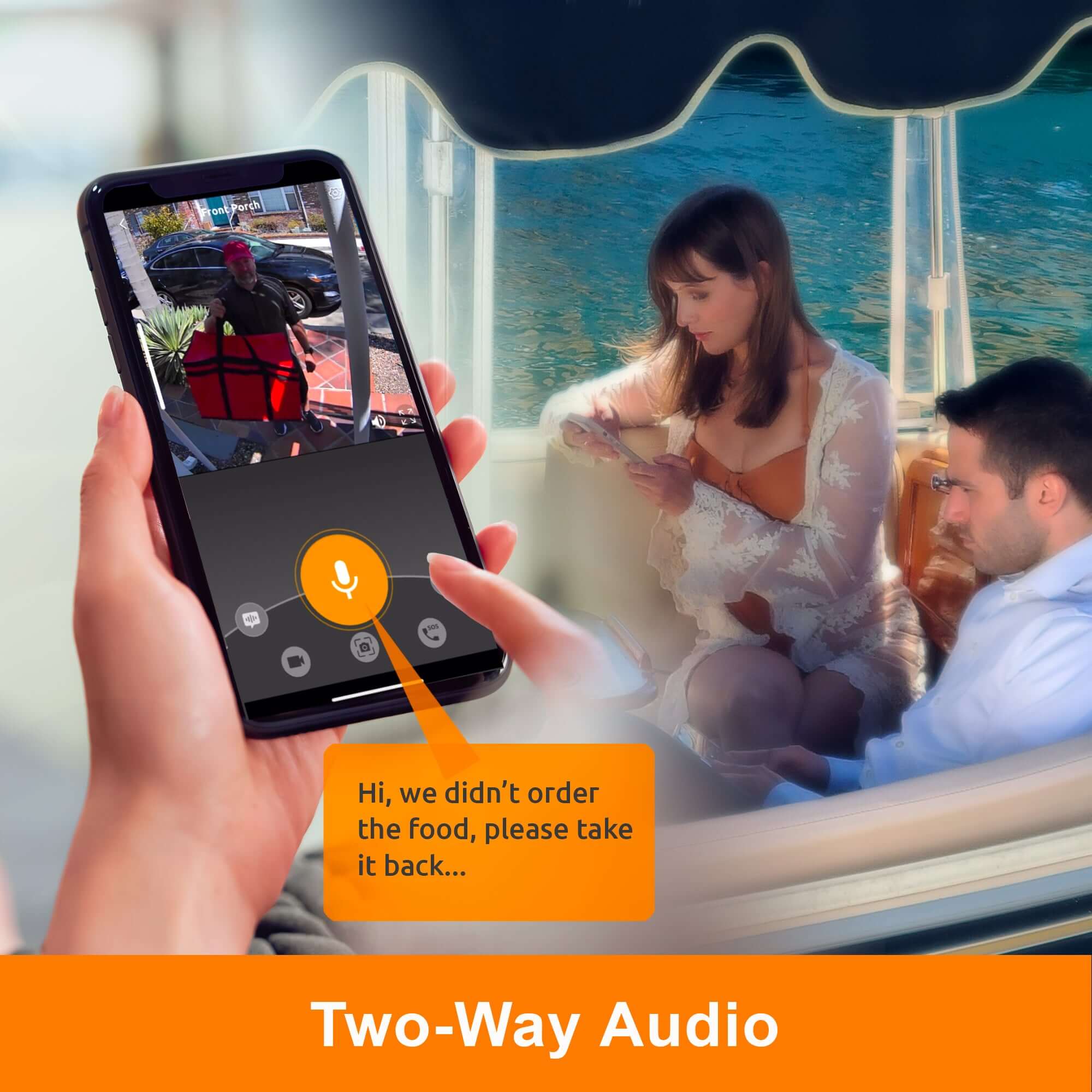 Person using a smartphone with Toucan Smart Home Security APP and using two-way audio feature, interacting with a woman on a boat. | Toucan Solution Smart Home Security