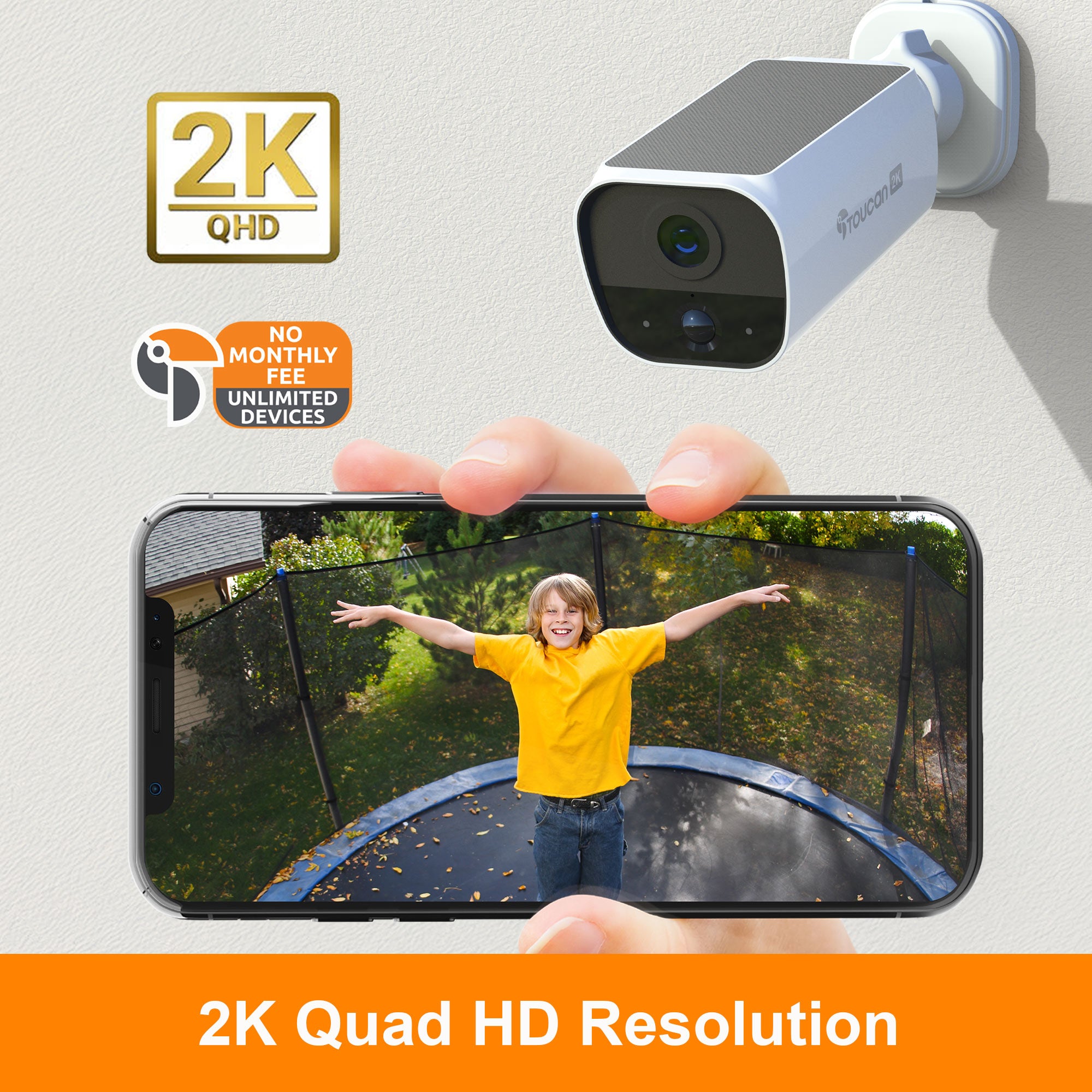 home security camera system: Toucan S5 Surveillance camera with smartphone displaying video feed of a child on a trampoline, 2K Quad HD Resolution | Toucan Solution Smart Home Security