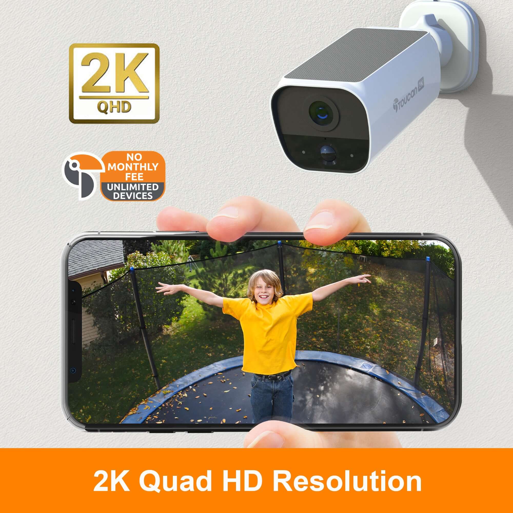 Home Security Systems |Toucan Essential Home Protection Kit security camera system: Toucan S5 Surveillance camera with smartphone displaying video feed of a child on a trampoline, 2K Quad HD Resolution | Toucan Solution Smart Home Security