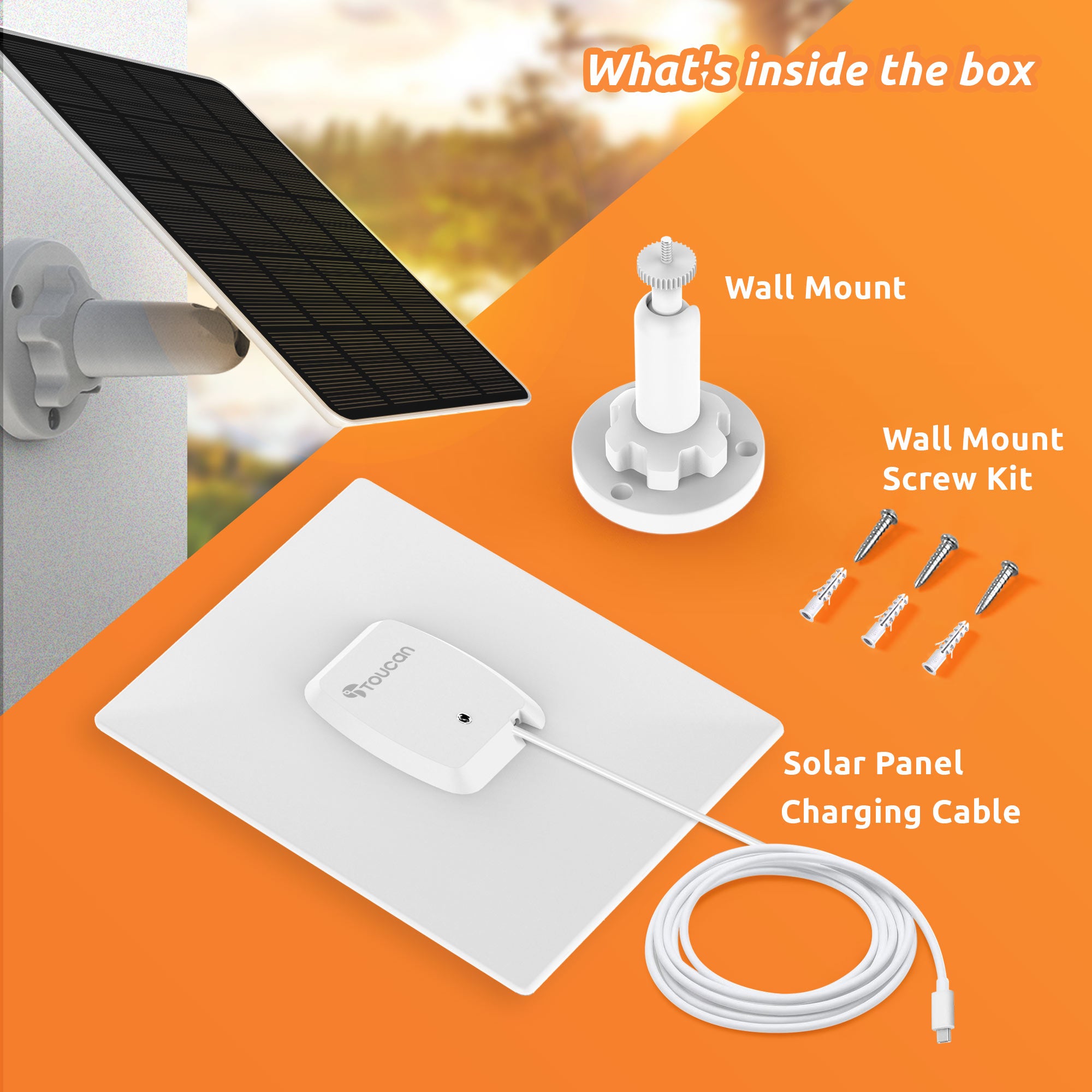 Toucan Solar Security Camera Bundle - S4 Wireless Camera + Solar Charger-Toucan Wireless Security Camera S4 and Solar Panel Charger Bundle -What’s inside the box for the Wireless Security Camera and Solar Charger, including wall mount and charging cable.