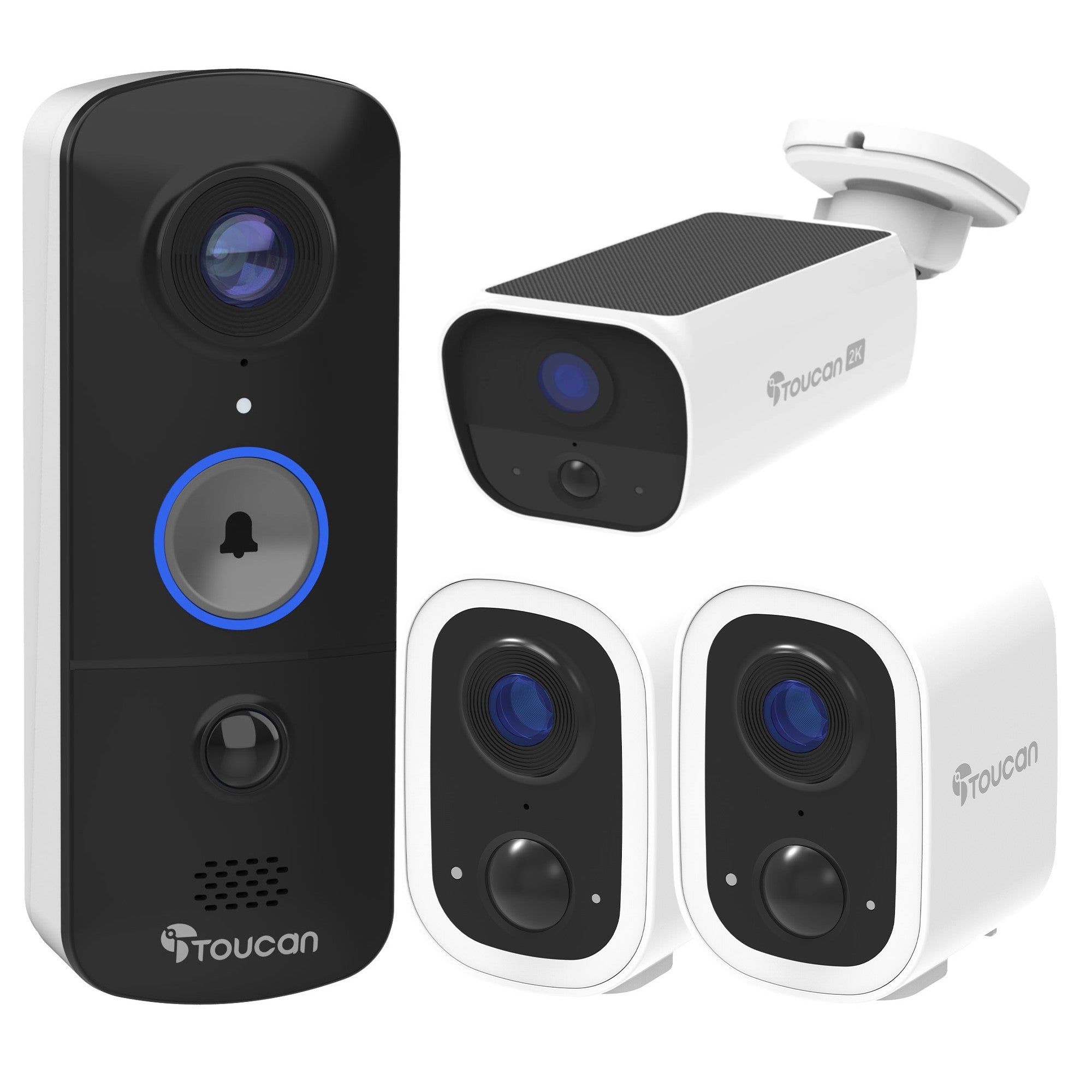 Toucan Wireless Security Camera S4 2 Pack and Wireless Video Doorbell V3D and Solar Wireless Security Camera Bundle