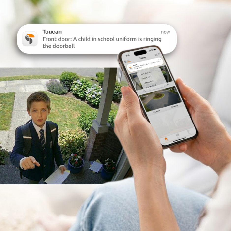A person holds a smartphone showing a video call or chat interface in the foreground, while a real front yard scene appears on the phone screen. A message bubble at the top reads 'Toucan' with a notification about a child in school uniform ringing the doorbell, illustrating smart home security context.