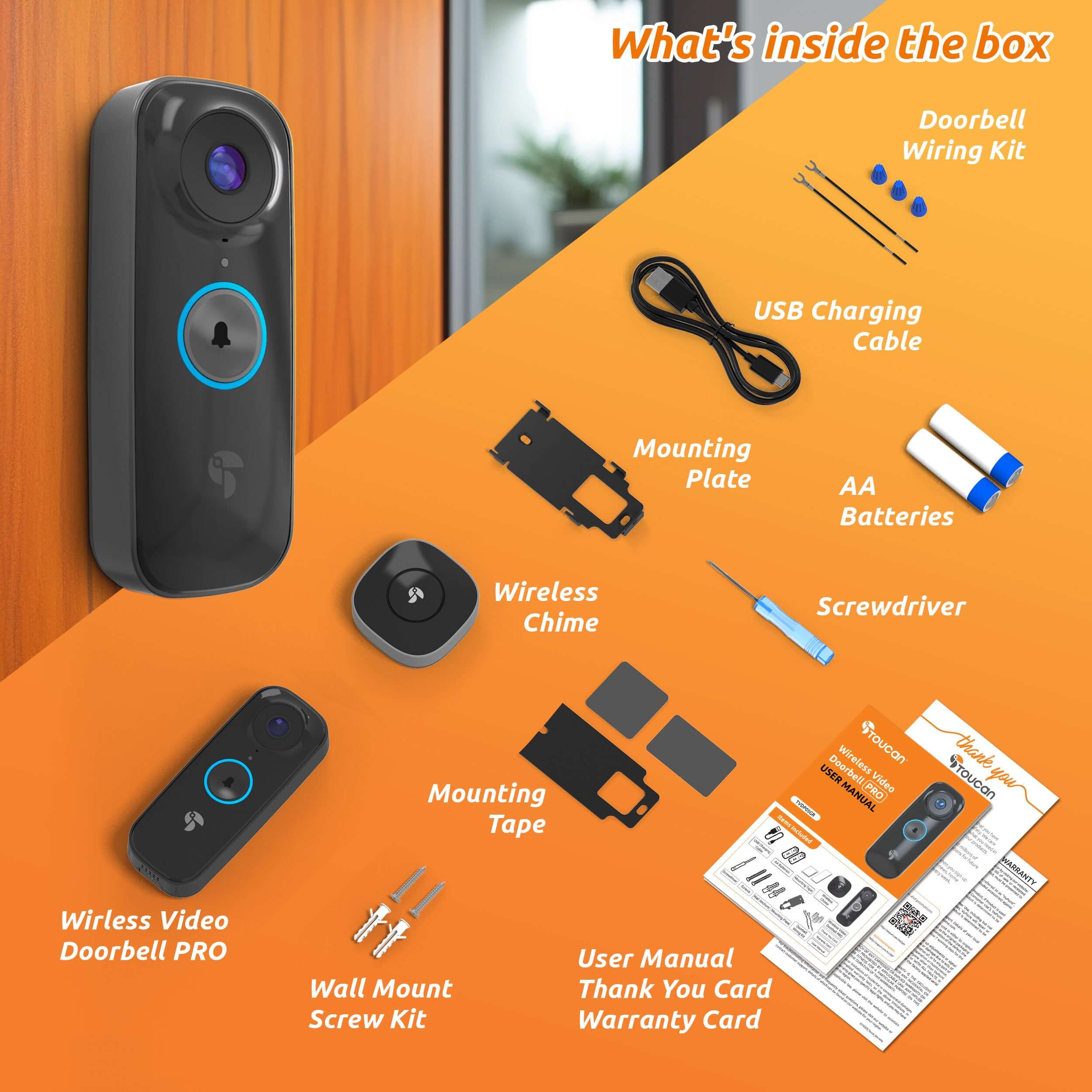 Home Security Systems -|Toucan Wireless Video Doorbell PRO Includes Wireless Doorbell Chime | Toucan Wireless Video Doorbell PRO & Toucan Wireless Security Camera PRO & Toucan Floodlight Security Camera Bundle