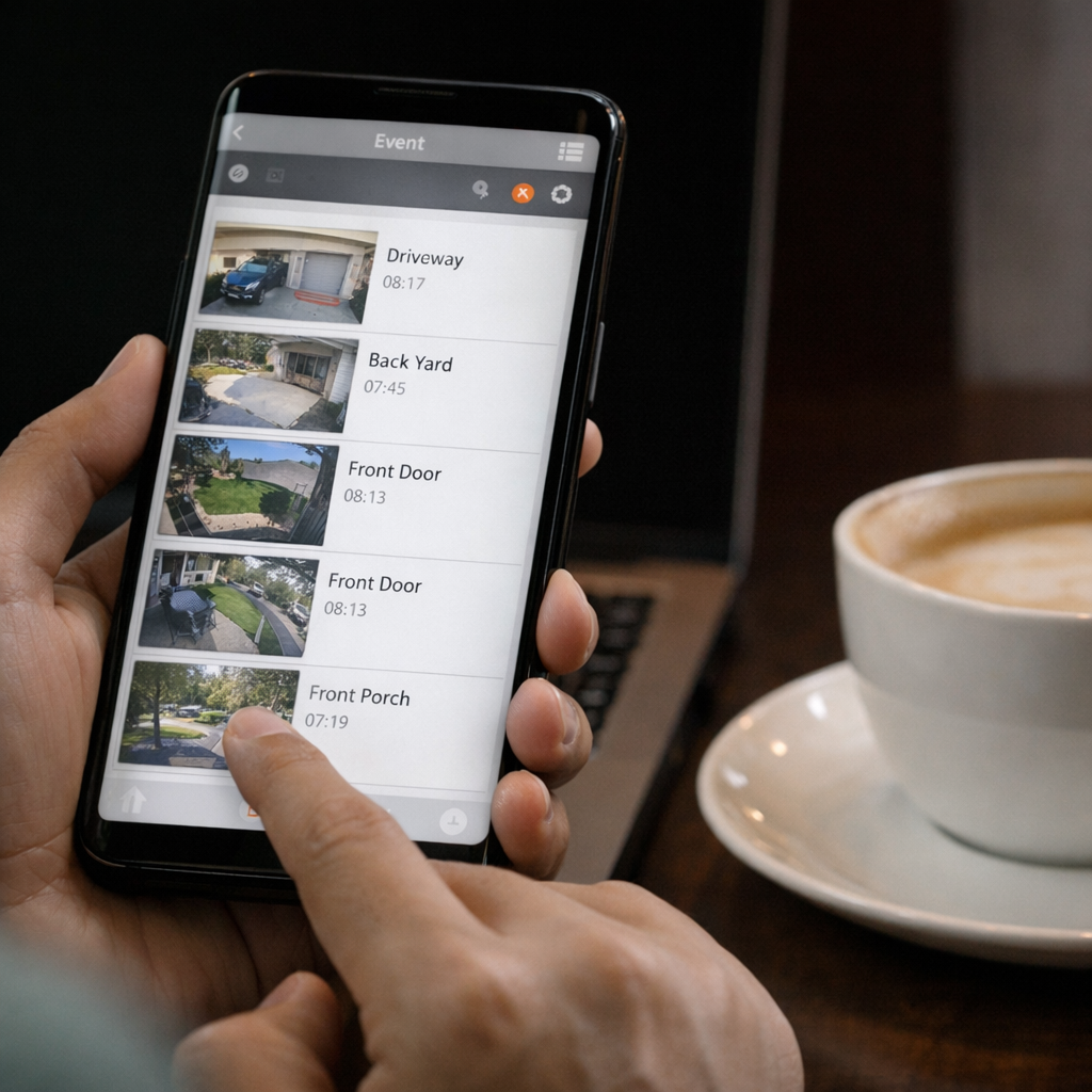 Person using TOYCAN SMART HOME app on a table with a cup of coffee and laptop. | Toucan Solution Smart Home Security