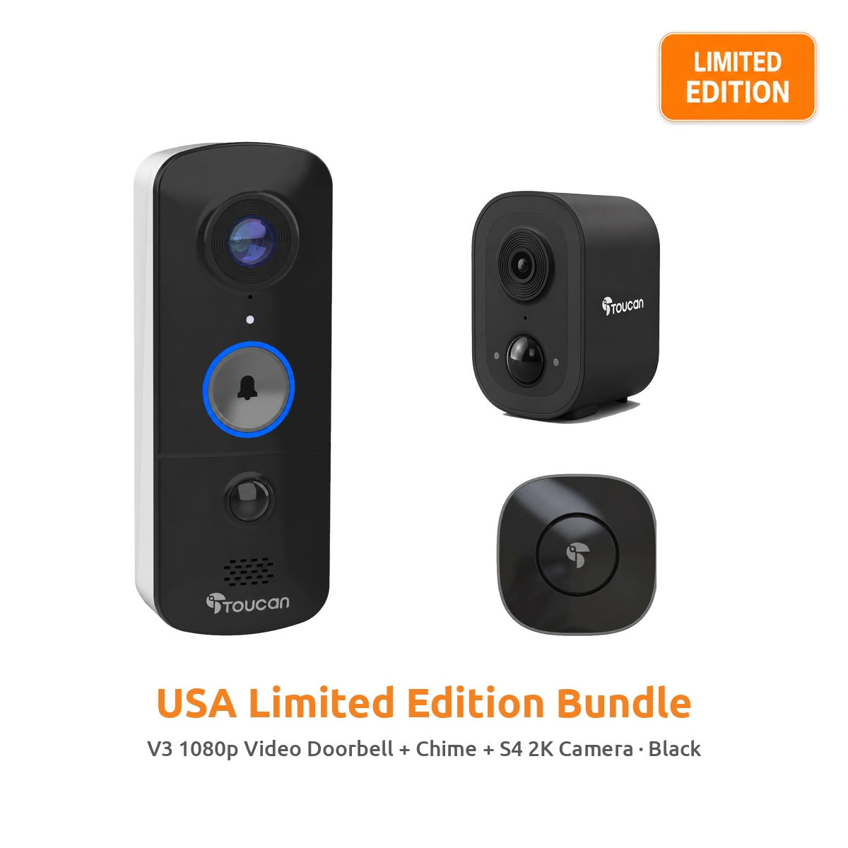 Toucan USA Limited Black Edition V3 video doorbell, chime and S4 camera bundle