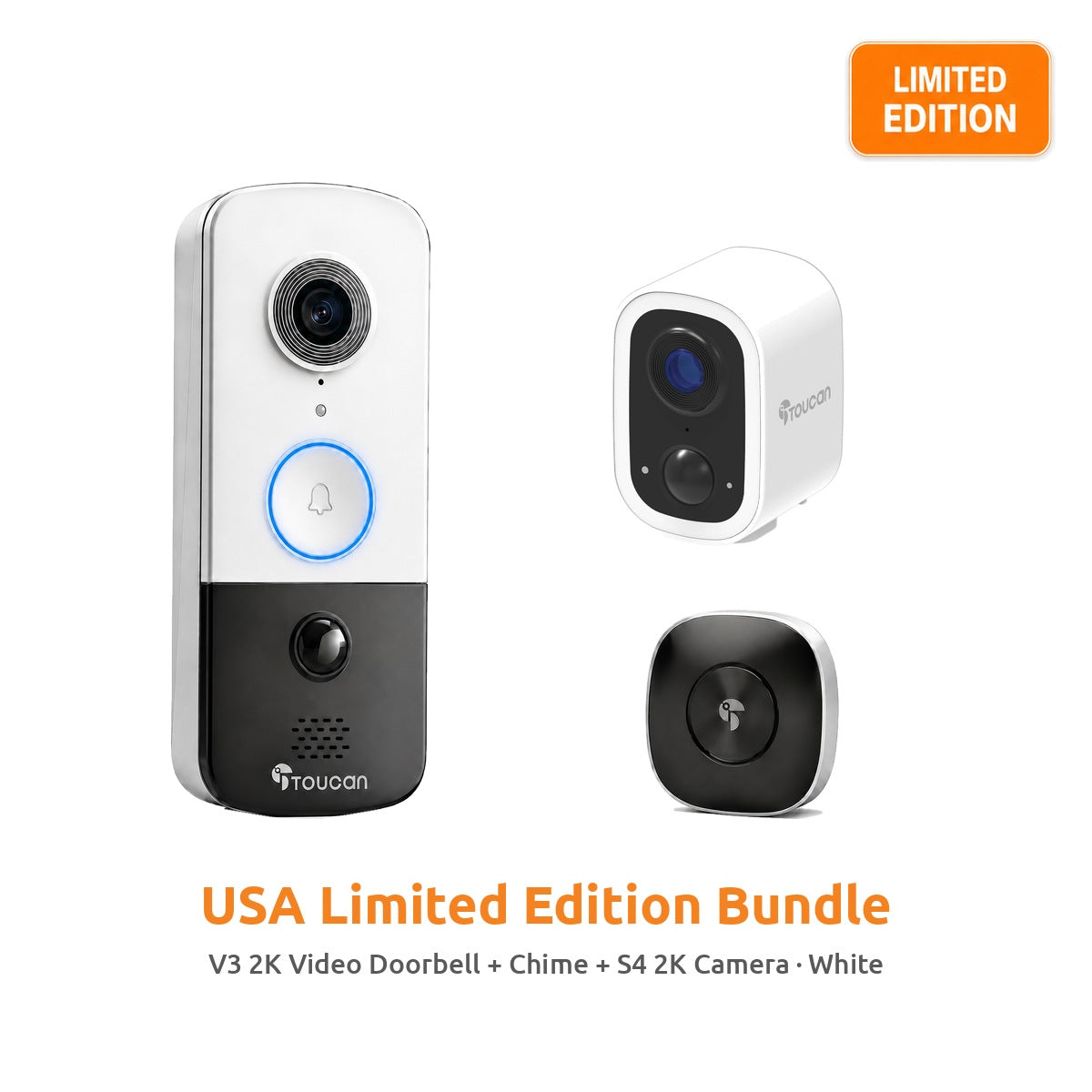 Toucan USA Limited White Edition V3 video doorbell, chime and S4 camera bundle