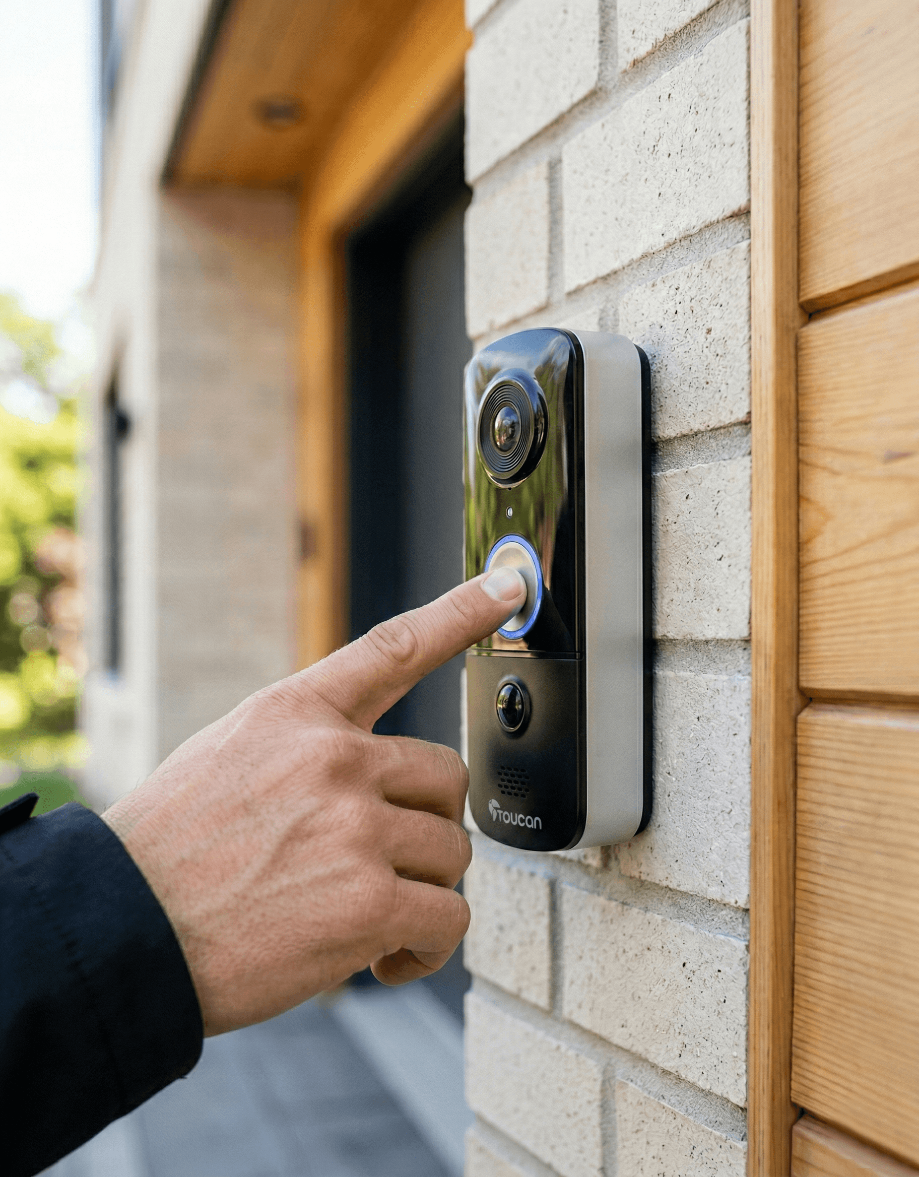 Hand pressing a doorbell button on a modern home exterior.