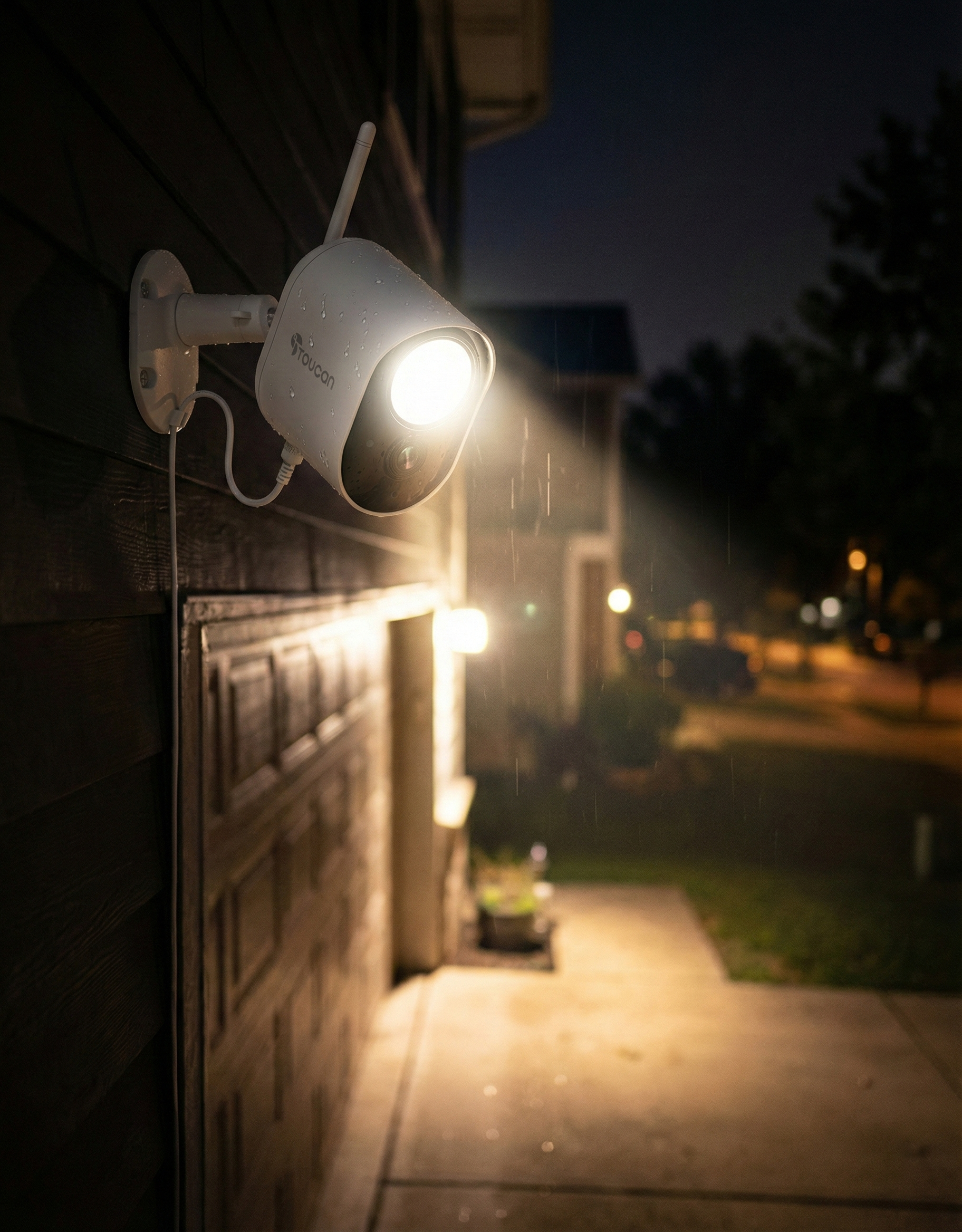 Outdoor security camera on a house exterior at night
