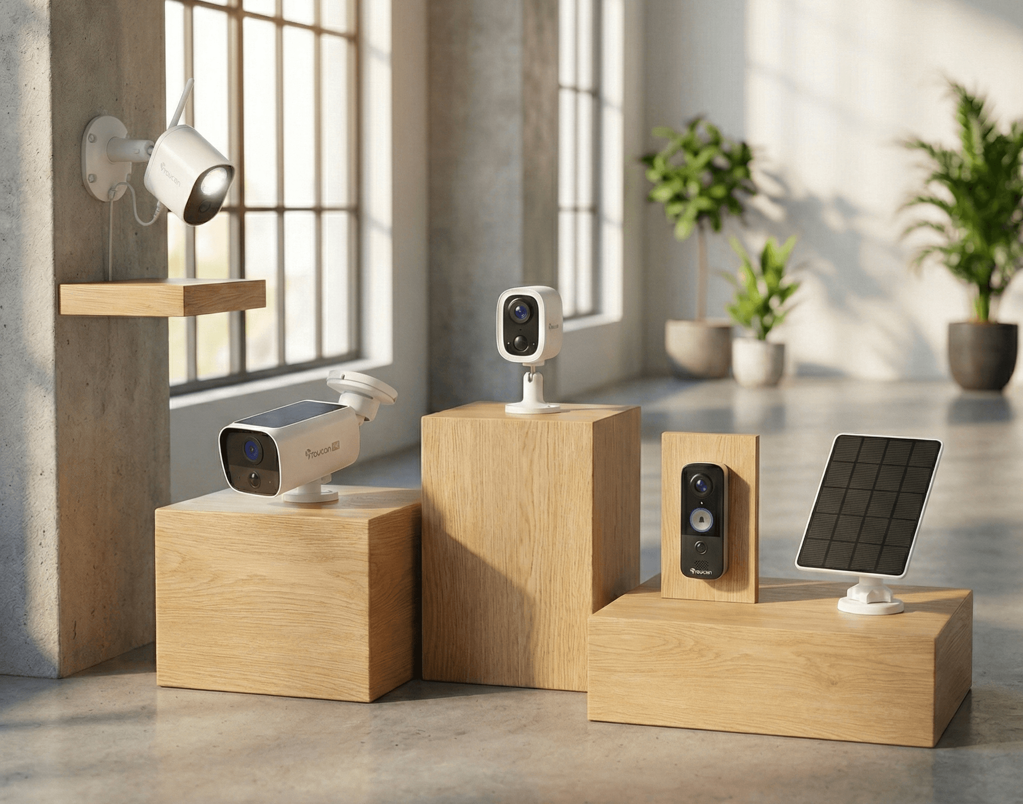 modern and easy connect Smart home security system with cameras and a tablet on wooden stands in a modern room.