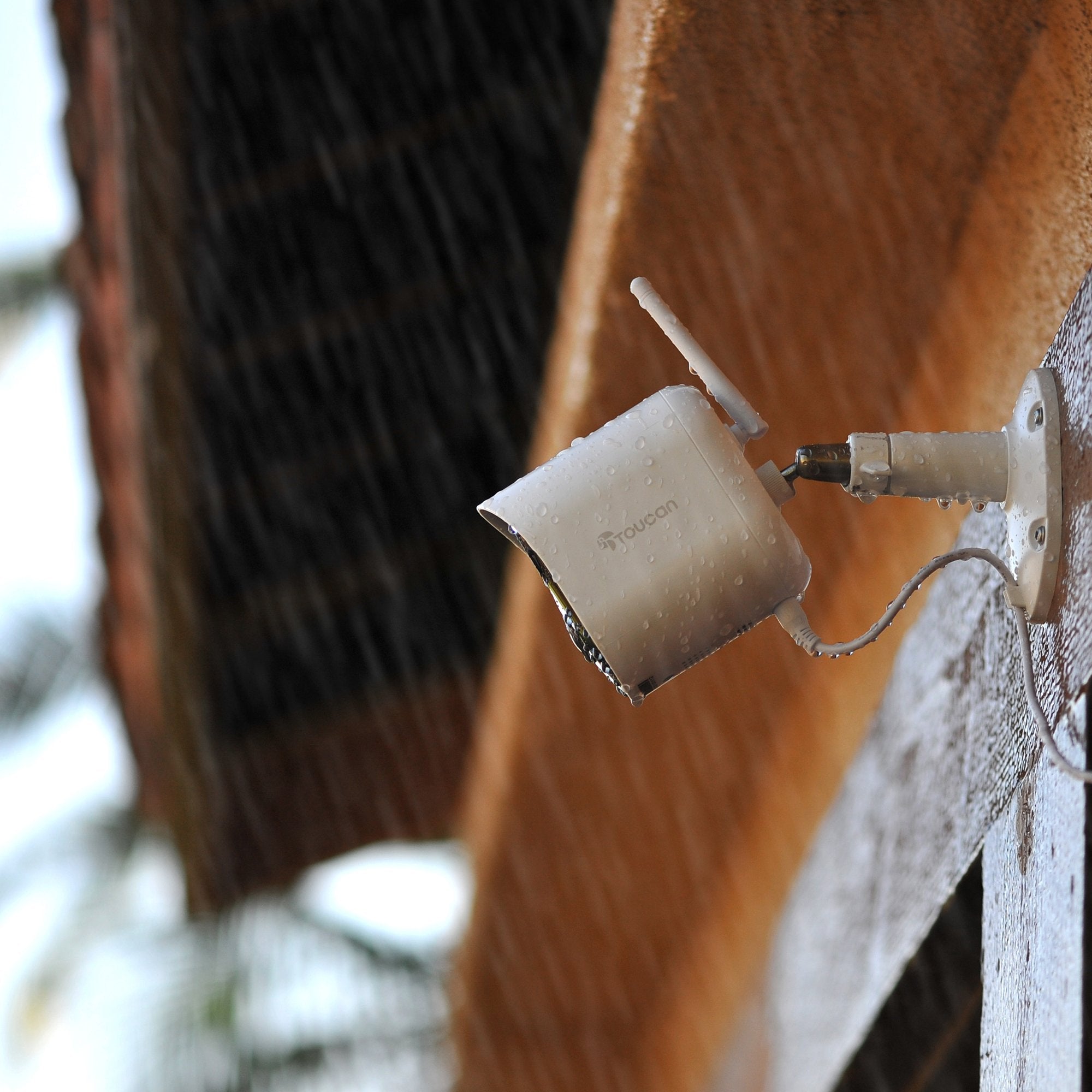 Toucan Security Floodlight Camera mounted outdoors in the rain, showcasing its weather-resistant design.