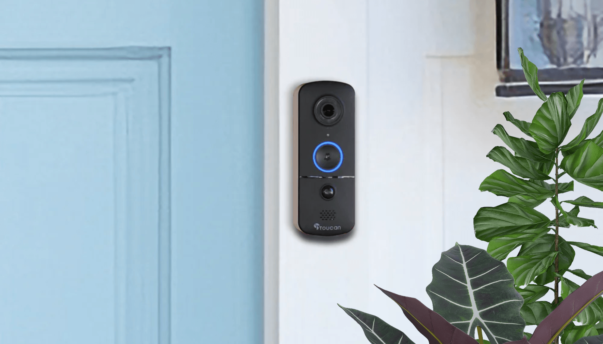 Why Toucan Wireless Video Doorbell V3 Is a Greener Choice | Toucan Wireless Video Doorbell V3 Includes Wireless Doorbell Chime installed beside a baby blue front door with outdoor plants near it