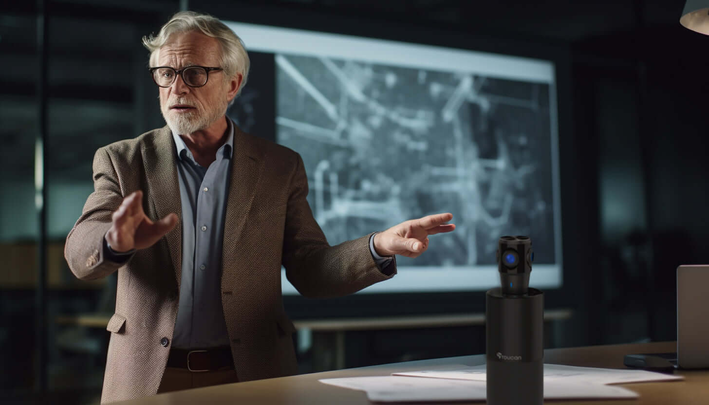 8 Uses of 360 Conference Cameras in Educational Institutions | middle aged professor in brown coat wearing glasses discussing with 360 conference camera on the table