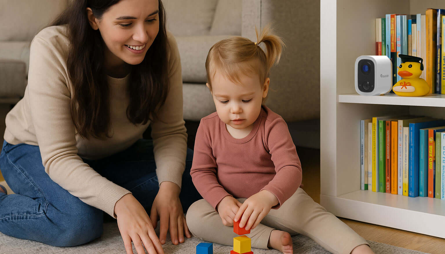 How The Toucan S4 Keeps Babysitters in Check | toddler playing with a babysitter on the living room floor with the Toucan S4 on the bookshelf