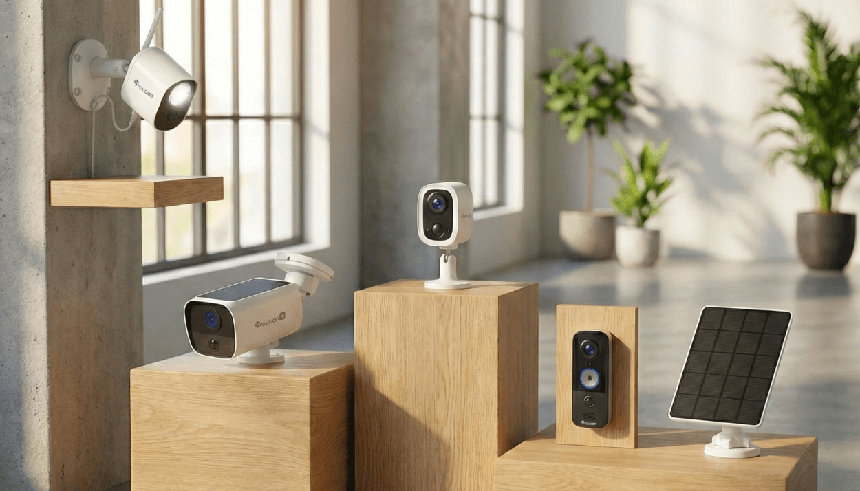 Toucan Solution products on wooden displays with natural lighting inside a brutalist style building