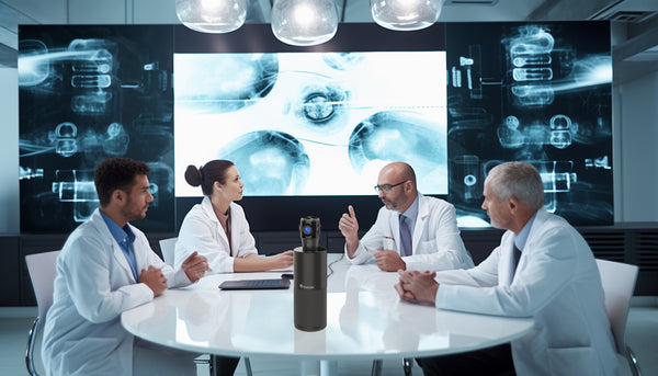 4 doctors having a meeting with the Toucan Video Conference System 360 on the table