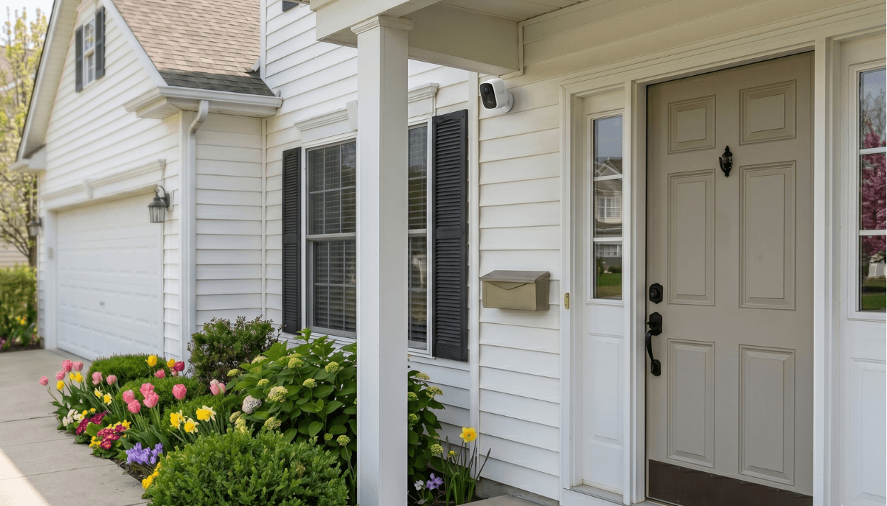 a white house's front door with the Toucan s4 installed between the door and window