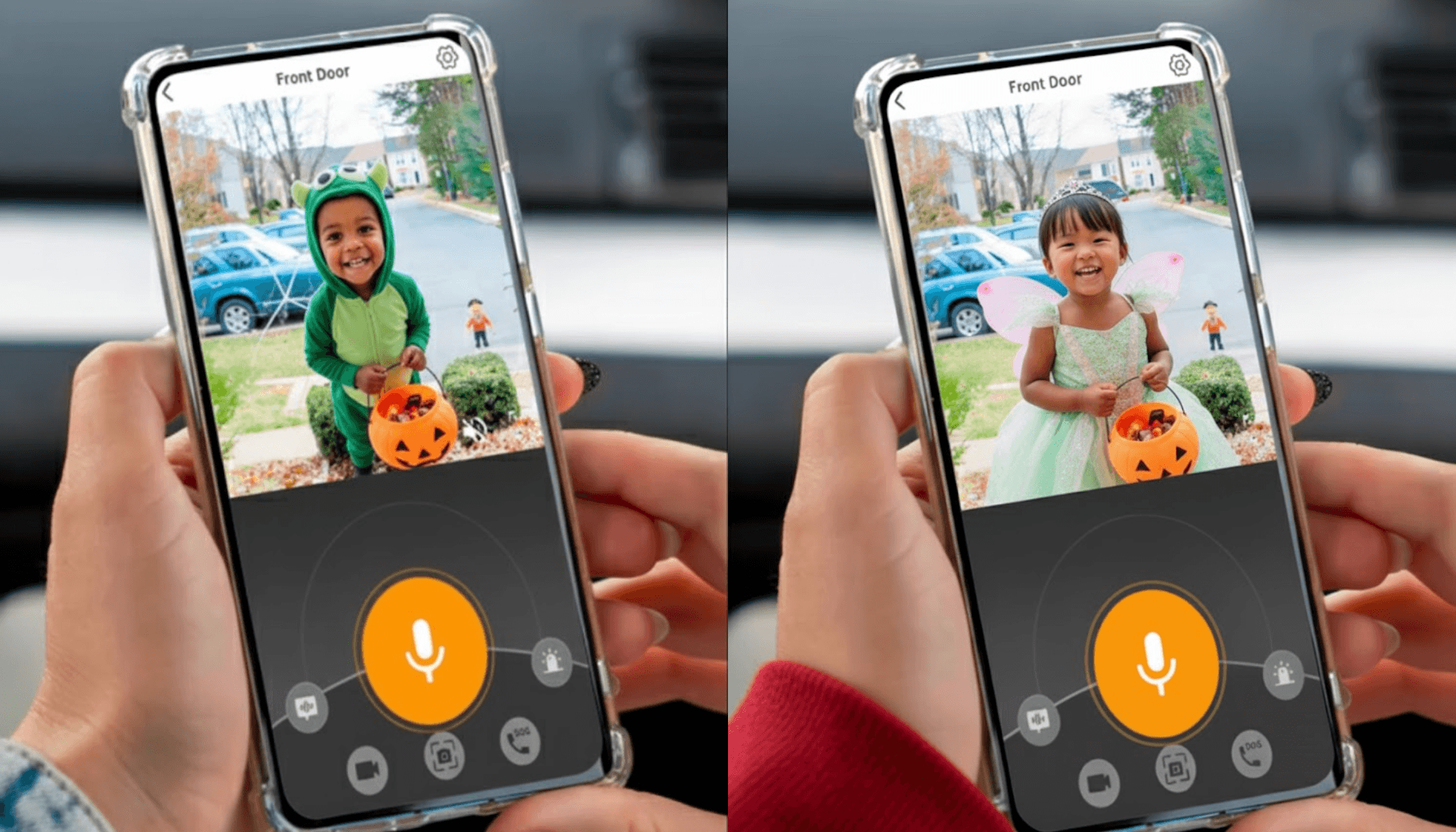 Why New Parents Need a Wireless Video Doorbell On Halloween? | two photos of a woman holding a smartphone on the screen is the livestream of a wireless video doorbell showing a boy and a girl in halloween costumes