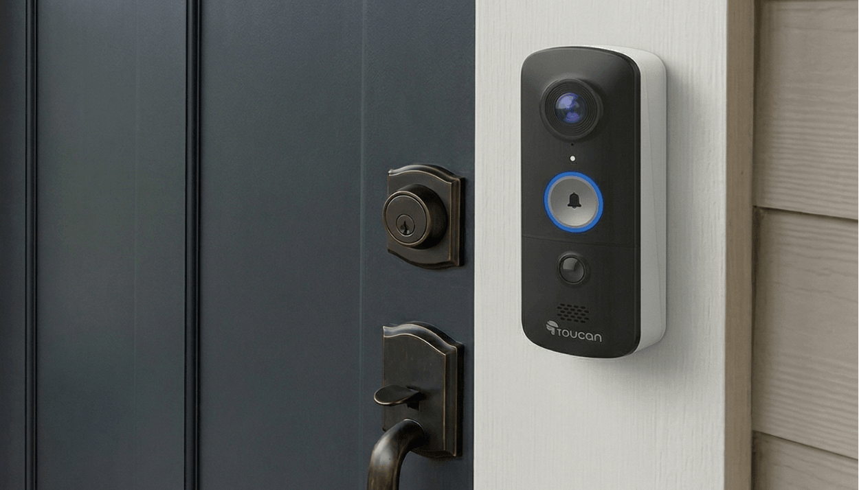 The Toucan V3D Doorbell by the front door of a home with a gray front door