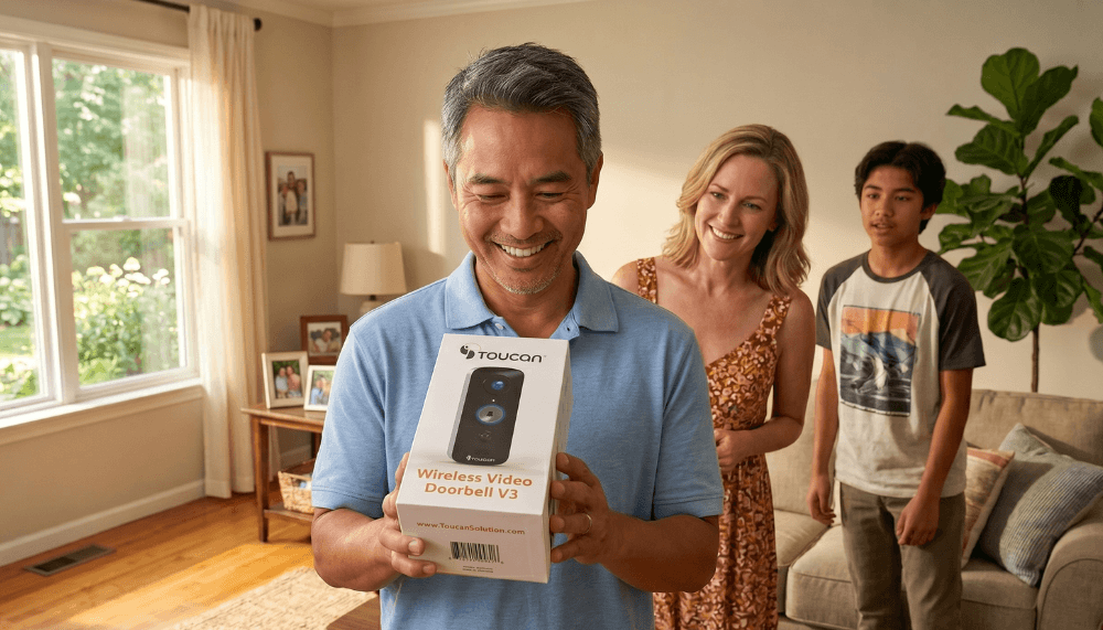 smiling middle age dad holding the box of toucan solution wireless video doorbell camera v3d and behind him is his wife and teenage son