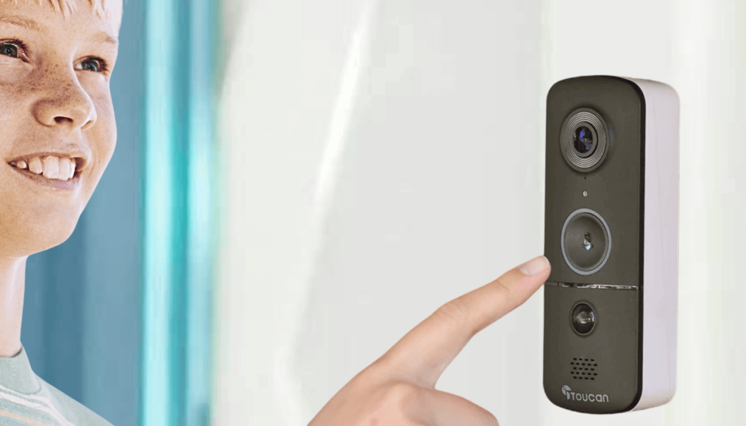Home security for kids - How Can You Teach Kids Home Security Without Fear?| home security for kids: smiling blonde boy about to ring the toucan solutions wireless video doorbell camera v3 installed beside a white front door