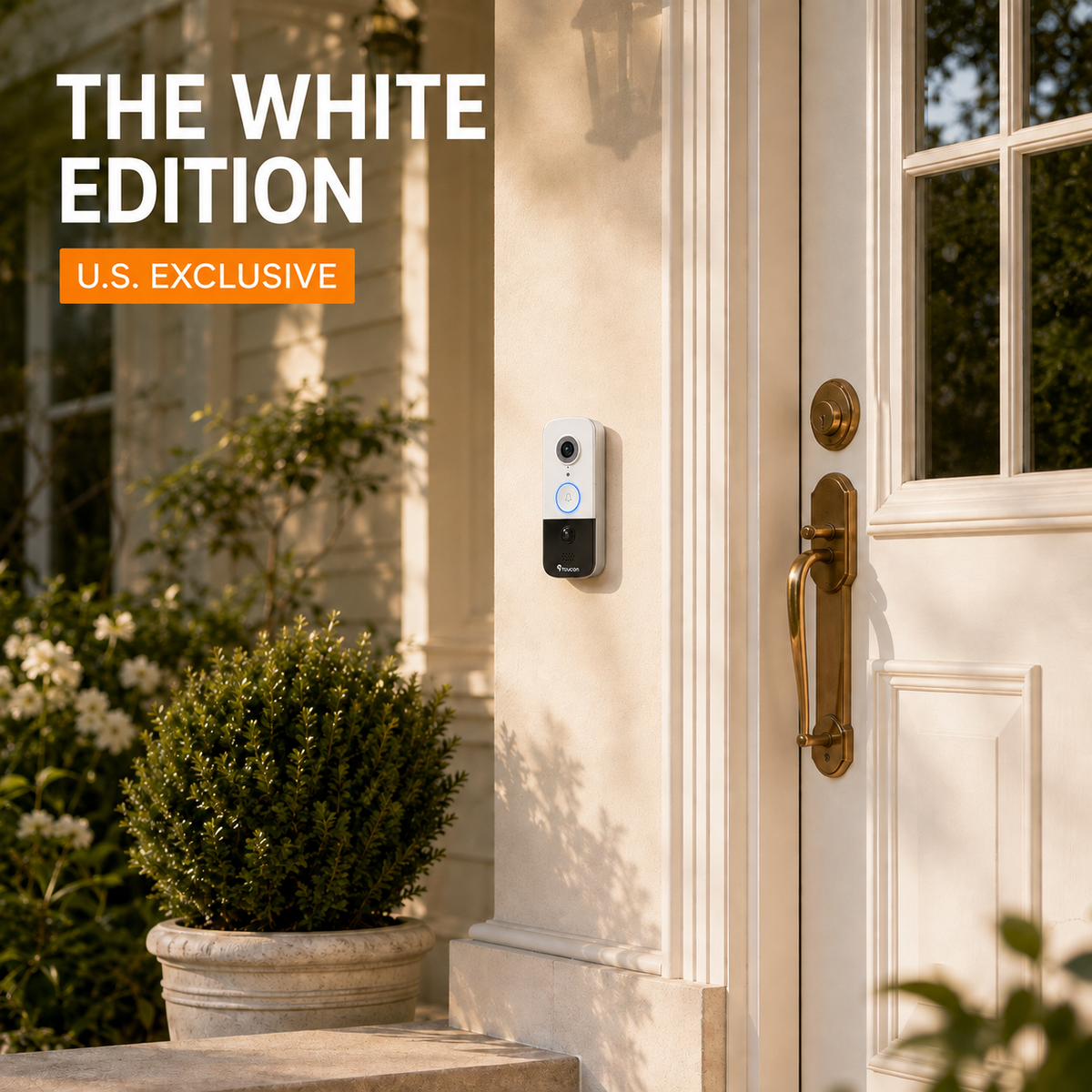 Toucan V3D wireless video doorbell beside a fall front porch with delivered packages