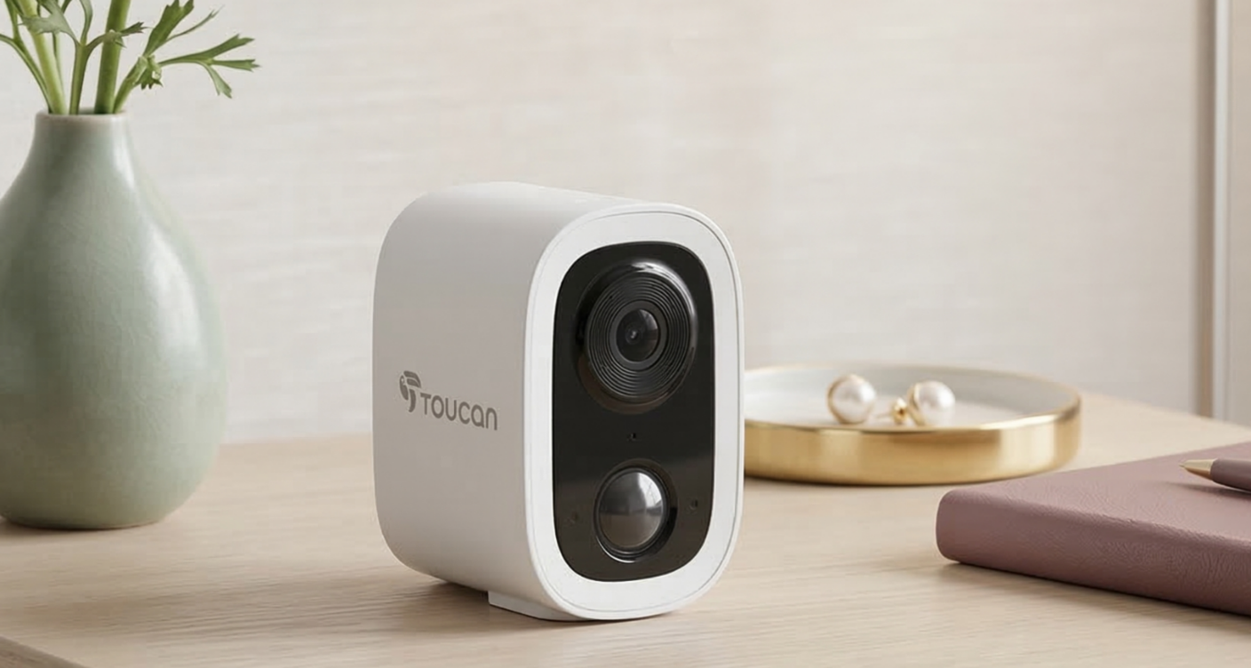 Best Security Cameras S4 Wireless Camera on a bedside table beside a vase, a journal, and a plate for earrings