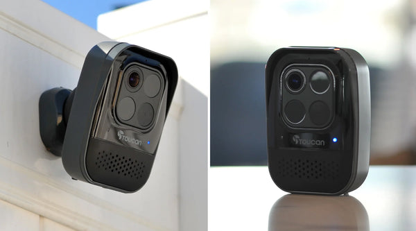 The Toucan Wireless Security Camera PRO in an outdoor and indoor setting