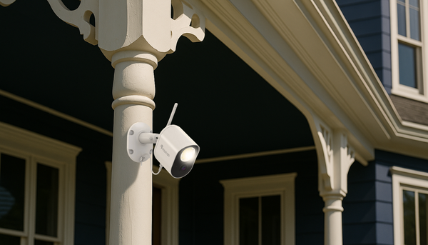 Toucan Solutions floodlight camera on a navy blue Queen Anne house's porch post at day time