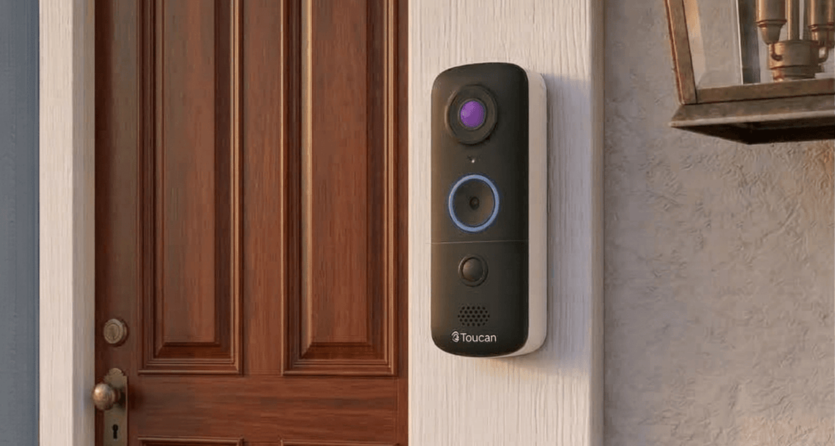 Woman testing Wi-Fi on her phone beside a Toucan wireless video doorbell at the front entrance