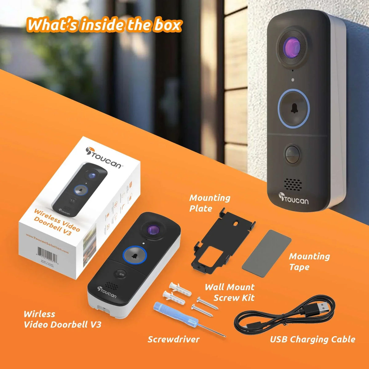 Toucan video doorbell package contents with indoor chime, mounting plates, USB cable and hardware
