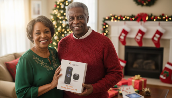 a senior couple receiving the wireless video doorbell camera v3 for Christmas