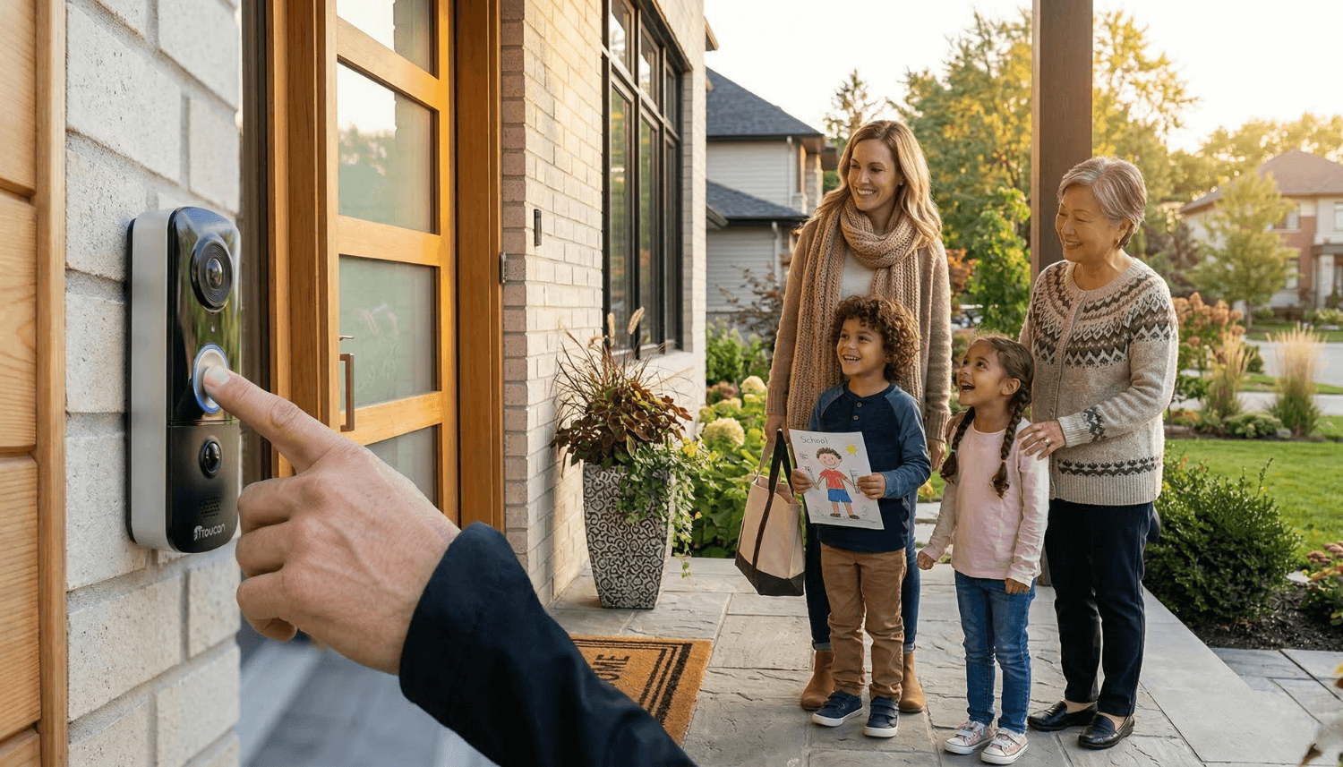 Toucan Solutions Video Doorbell with family waiting outside | Best Wireless Video Doorbell